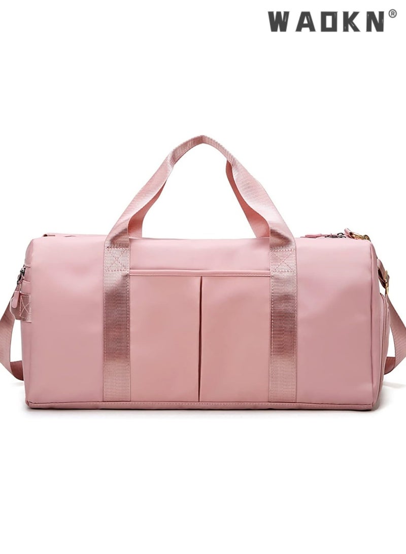WAOKN Sports Gym Bag for Men Women，Travel Duffel Bag with Shoes Compartment and Wet Pocket for Plane，Sport Gym Tote Bags Swimming Yoga,Waterproof Weekend Overnight Bag Carry on Bag,Gym Bag Dry Wet Separated, Waterproof Sport Duffle Bag with Shoes Compartment for Sport, Yoga, Travel, Fitness, Overnight Weekend with Shoulder Strap (Pink)  - Image 1