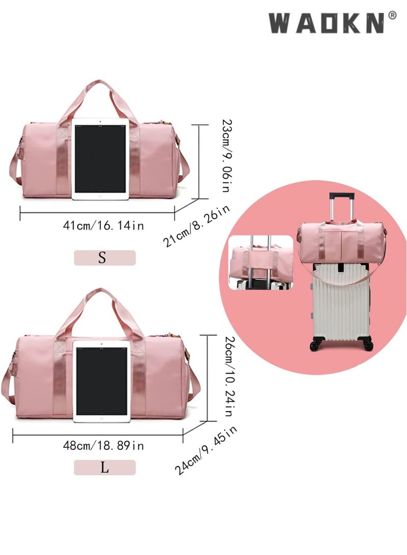 WAOKN Sports Gym Bag for Men Women，Travel Duffel Bag with Shoes Compartment and Wet Pocket for Plane，Sport Gym Tote Bags Swimming Yoga,Waterproof Weekend Overnight Bag Carry on Bag,Gym Bag Dry Wet Separated, Waterproof Sport Duffle Bag with Shoes Compartment for Sport, Yoga, Travel, Fitness, Overnight Weekend with Shoulder Strap (Pink)  - Image 3