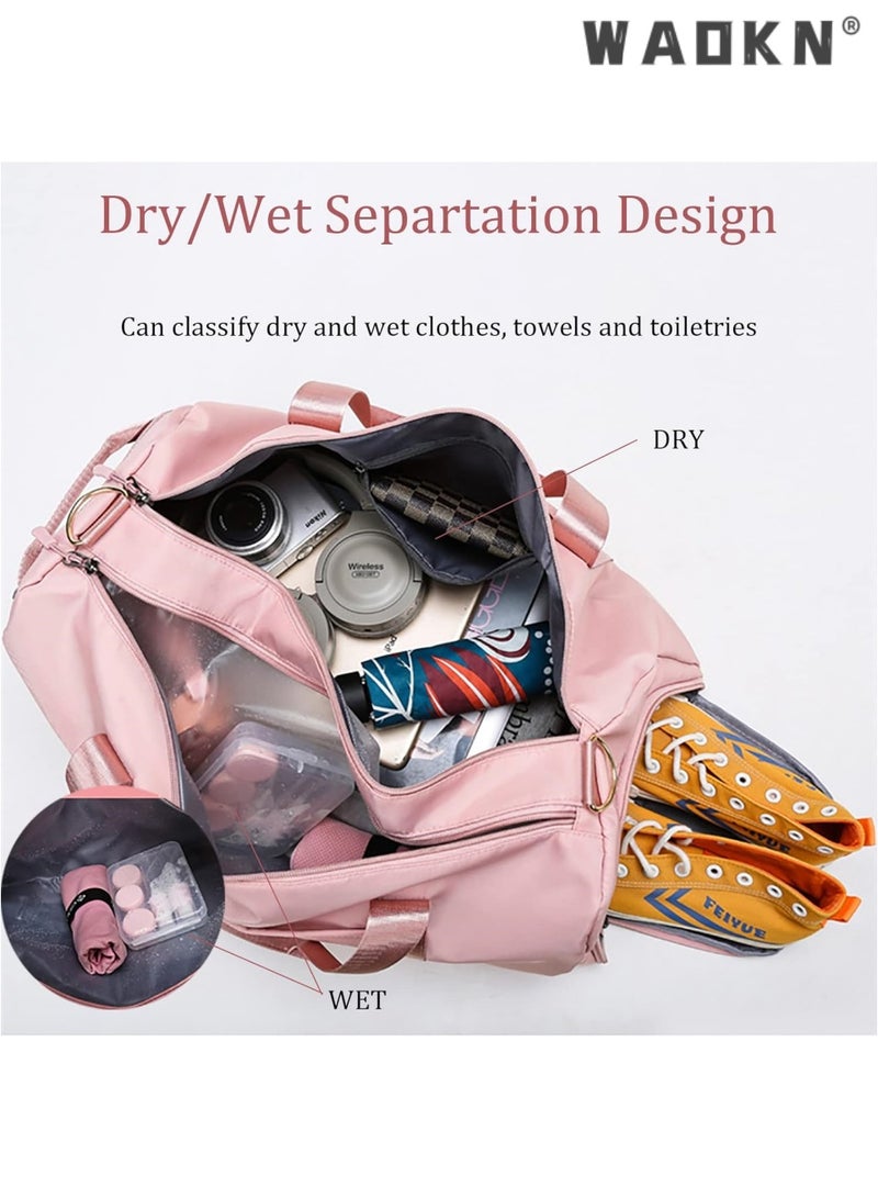 WAOKN Sports Gym Bag for Men Women，Travel Duffel Bag with Shoes Compartment and Wet Pocket for Plane，Sport Gym Tote Bags Swimming Yoga,Waterproof Weekend Overnight Bag Carry on Bag,Gym Bag Dry Wet Separated, Waterproof Sport Duffle Bag with Shoes Compartment for Sport, Yoga, Travel, Fitness, Overnight Weekend with Shoulder Strap (Pink)  - Image 5