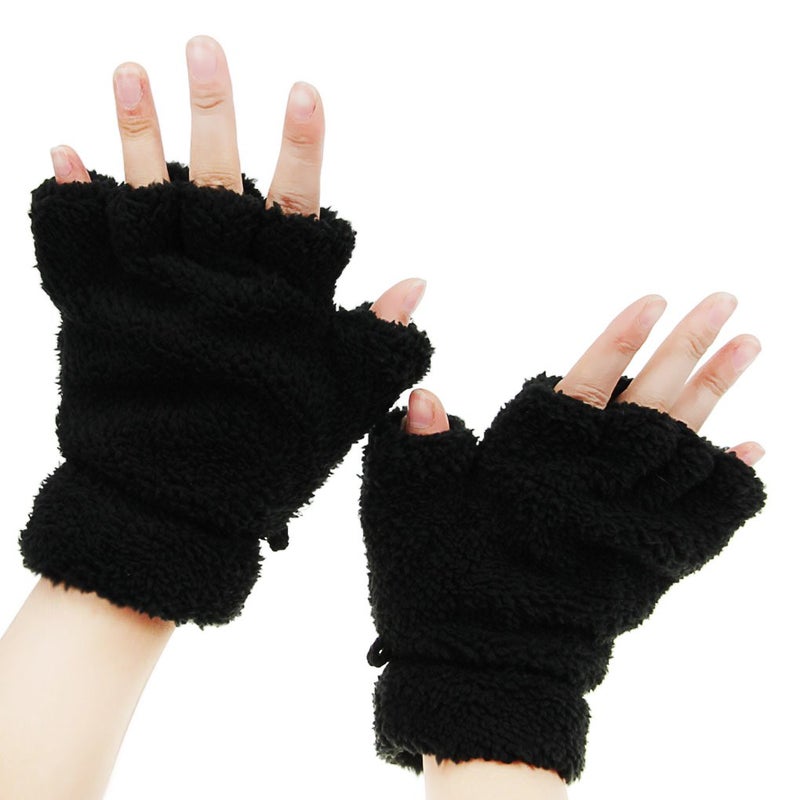 FakeFace Girls Women Plush Bear Claw Cat Paw Fingerless Glove Soft Warm Winter Mittens, Black - Image 4