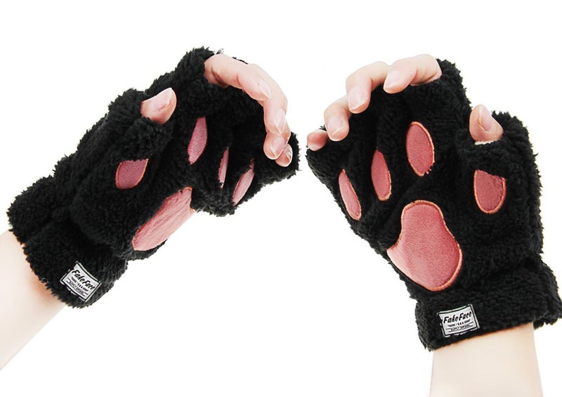 FakeFace Girls Women Plush Bear Claw Cat Paw Fingerless Glove Soft Warm Winter Mittens, Black - Image 5