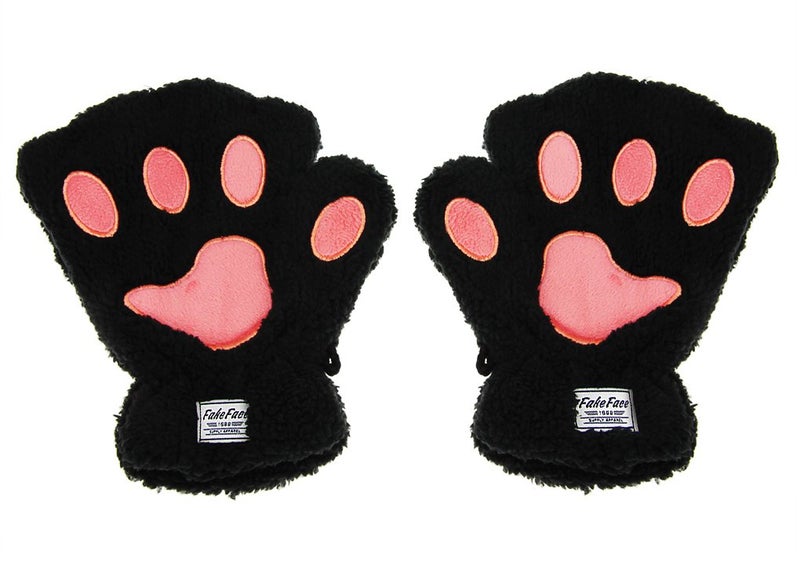FakeFace Girls Women Plush Bear Claw Cat Paw Fingerless Glove Soft Warm Winter Mittens, Black - Image 2
