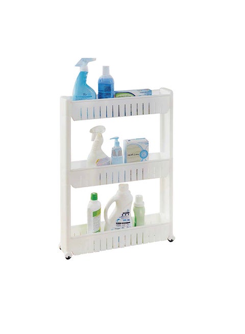 3-Layer White Plastic Storage Rack With Wheels – 54.5 × 12 × 71 Cm Freestanding Organizer For Kitchen, Bathroom Or Closet