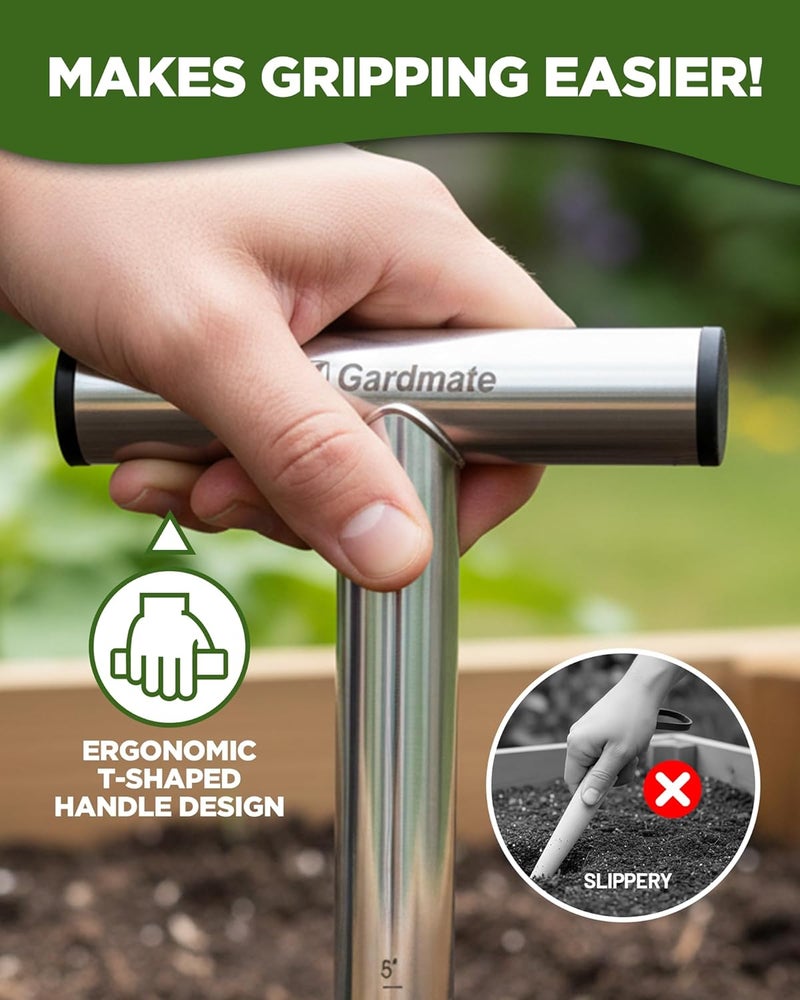 gardmate Store دبوس يدوي من الفولاذ المقاوم للصدأ مع علامات العمق ومقبض على شكل حرف T، أداة زراعة مقاومة للصدأ للبذور، الشتلات والدرنات – تصميم مريح للحدائق والمروج - Image 5