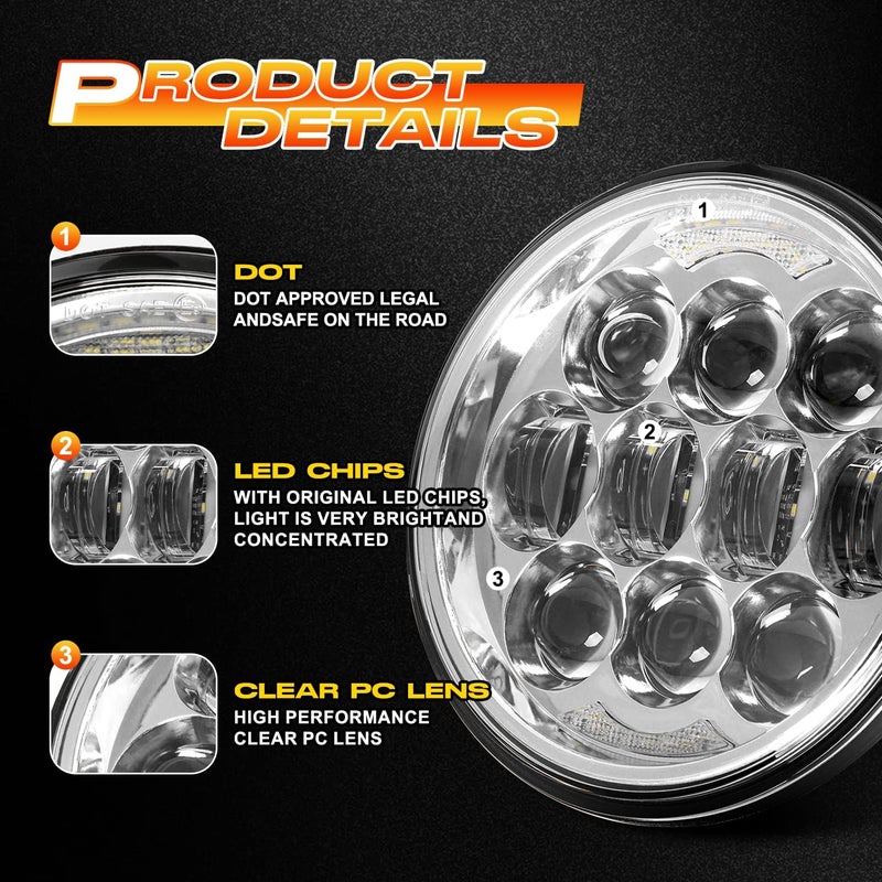 LX-LIGHT DOT Approved 80W 5-3/4" 5.75" Round LED Projection Headlight Compatible with Dyna Street Bob Super Wide Glide Low Rider Night Rod Train Softail Deuce Custom Sportster Iron 883,Silver - Image 4