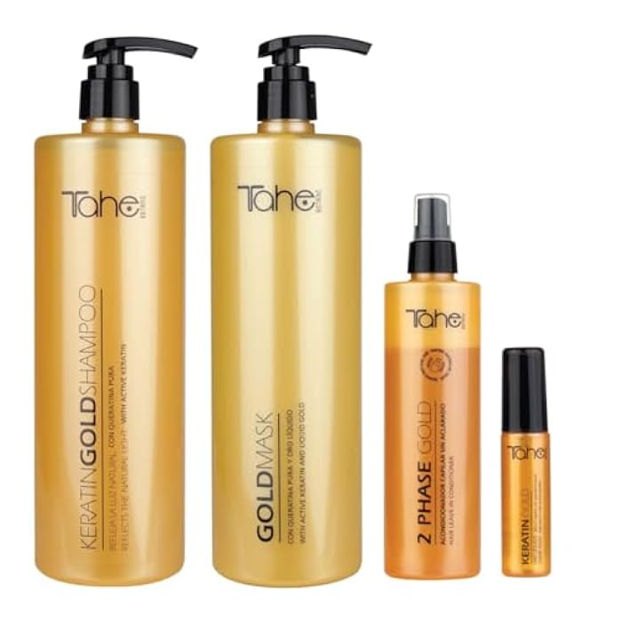 TAHE Keratin Gold Shampoo 1000ml, Mask 1000ml, Serum 30ml & Bio-Fluid Leave-In Conditioner 2 Phase (New Presentation) - Image 1