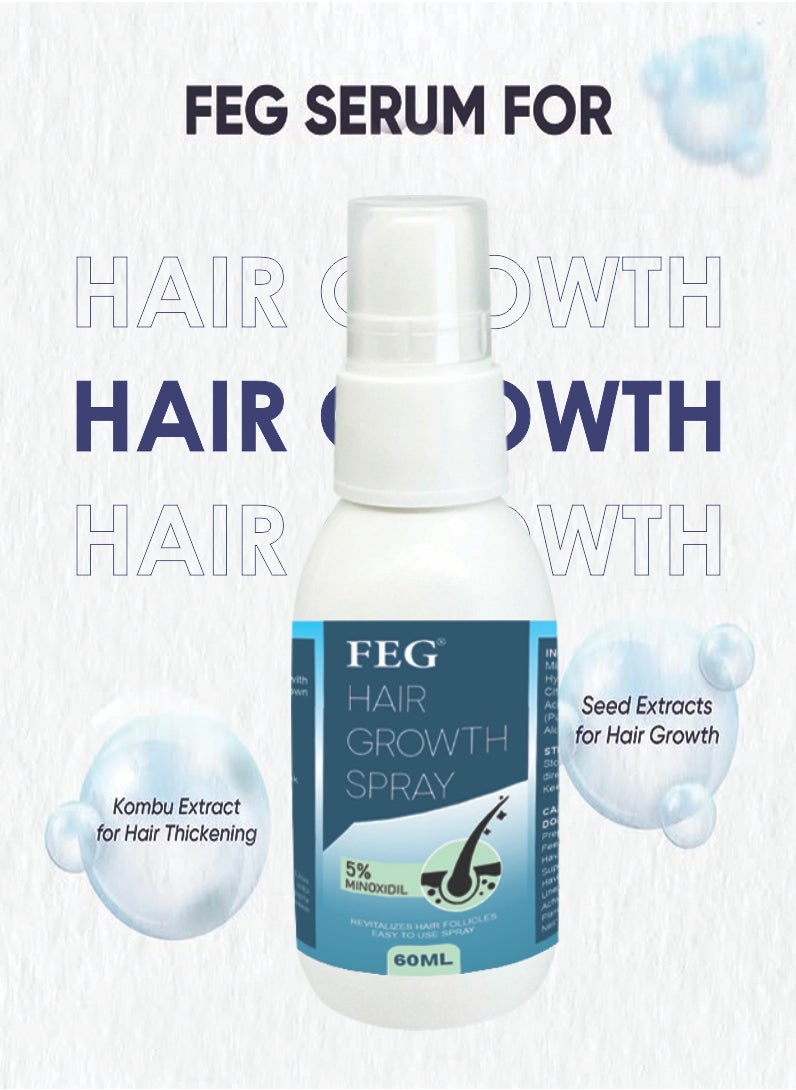 FEG 60ml Hair Growth Spray Beard Growth Oil Spray 5% Minoxidil Hair Growth Oil Spray,Hair Scalp Oil Hair Loss Treatment Oil Beard Growth Serum Spray 