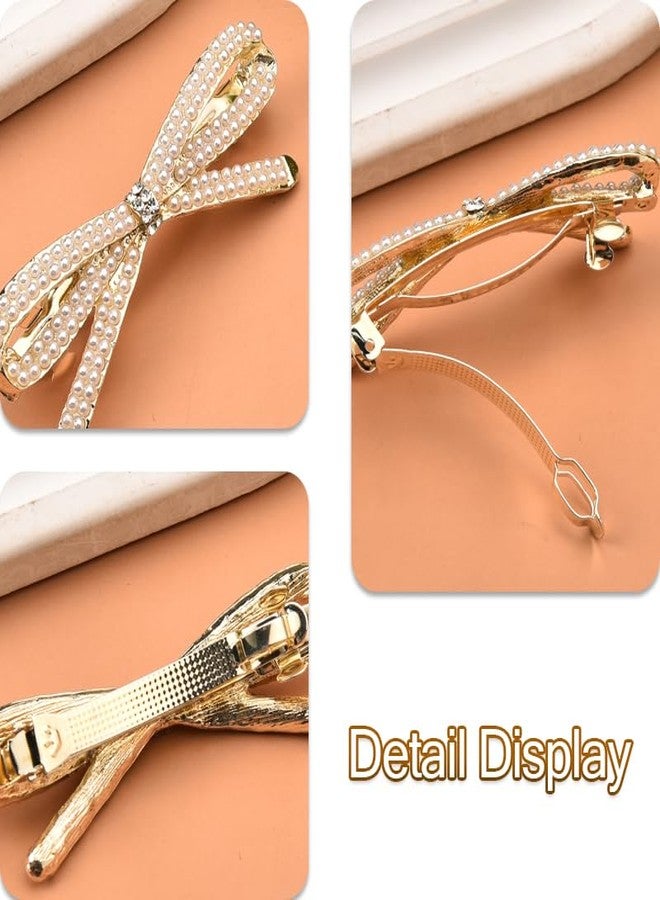 Kefley French Bow Crystal Rhinestone Bow-knot Pearl Hair Clips Barrette Hair Pin Hairpin Gold Pearl Accessories for Women Girls Bridal Wedding Prom - Image 5