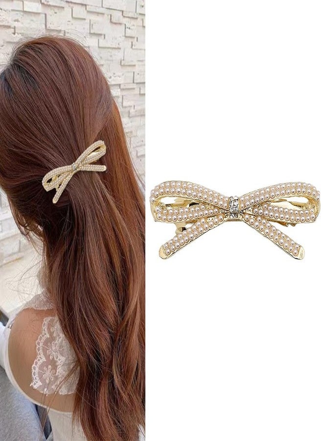 Kefley French Bow Crystal Rhinestone Bow-knot Pearl Hair Clips Barrette Hair Pin Hairpin Gold Pearl Accessories for Women Girls Bridal Wedding Prom - Image 1
