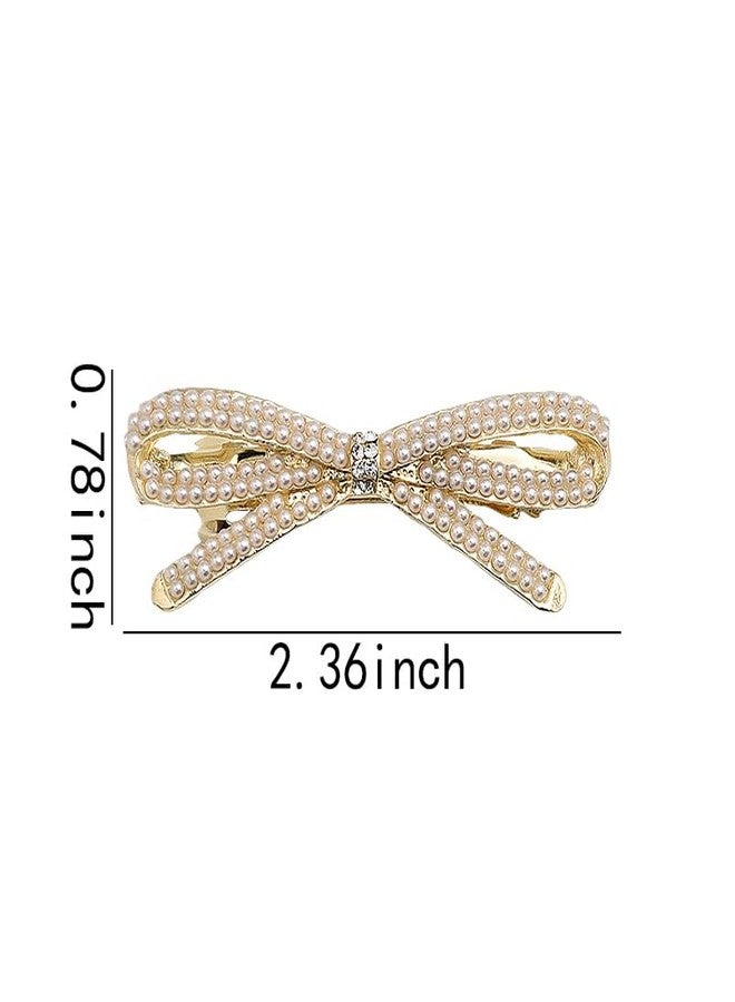 Kefley French Bow Crystal Rhinestone Bow-knot Pearl Hair Clips Barrette Hair Pin Hairpin Gold Pearl Accessories for Women Girls Bridal Wedding Prom - Image 2