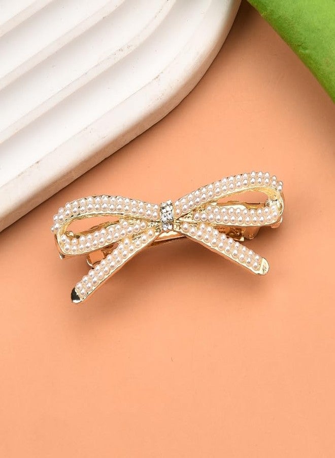 Kefley French Bow Crystal Rhinestone Bow-knot Pearl Hair Clips Barrette Hair Pin Hairpin Gold Pearl Accessories for Women Girls Bridal Wedding Prom - Image 3