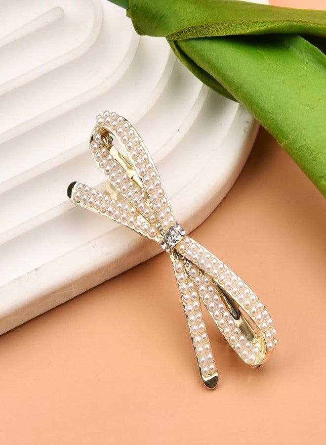Kefley French Bow Crystal Rhinestone Bow-knot Pearl Hair Clips Barrette Hair Pin Hairpin Gold Pearl Accessories for Women Girls Bridal Wedding Prom - Image 4