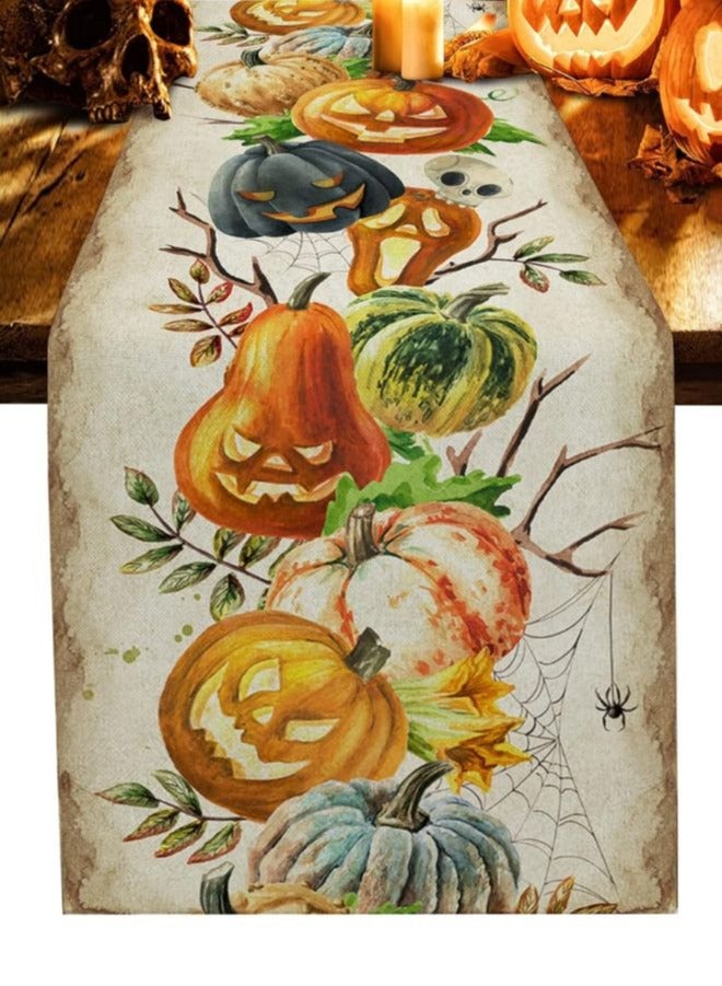 Rectangle Table Runner -Featuring Happy Festival Pumpkins, Spider Web Cats, and Black Holiday Decor for Dining, Kitchen, and Outdoor Tables - Image 1