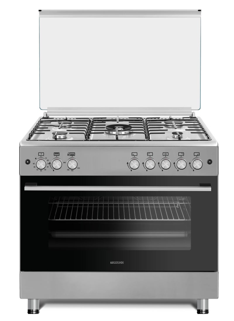 TORNADO Tornado 90 x 60 cm Freestanding Gas Cooker, Sabaf Burners, Automatic Ignition & Full Safety, Cooling Fan, Mat Enamelled Pan Support, Stainless Steel Finish, Reel Close Door, Turkey, 9T10BUS2X11SA 