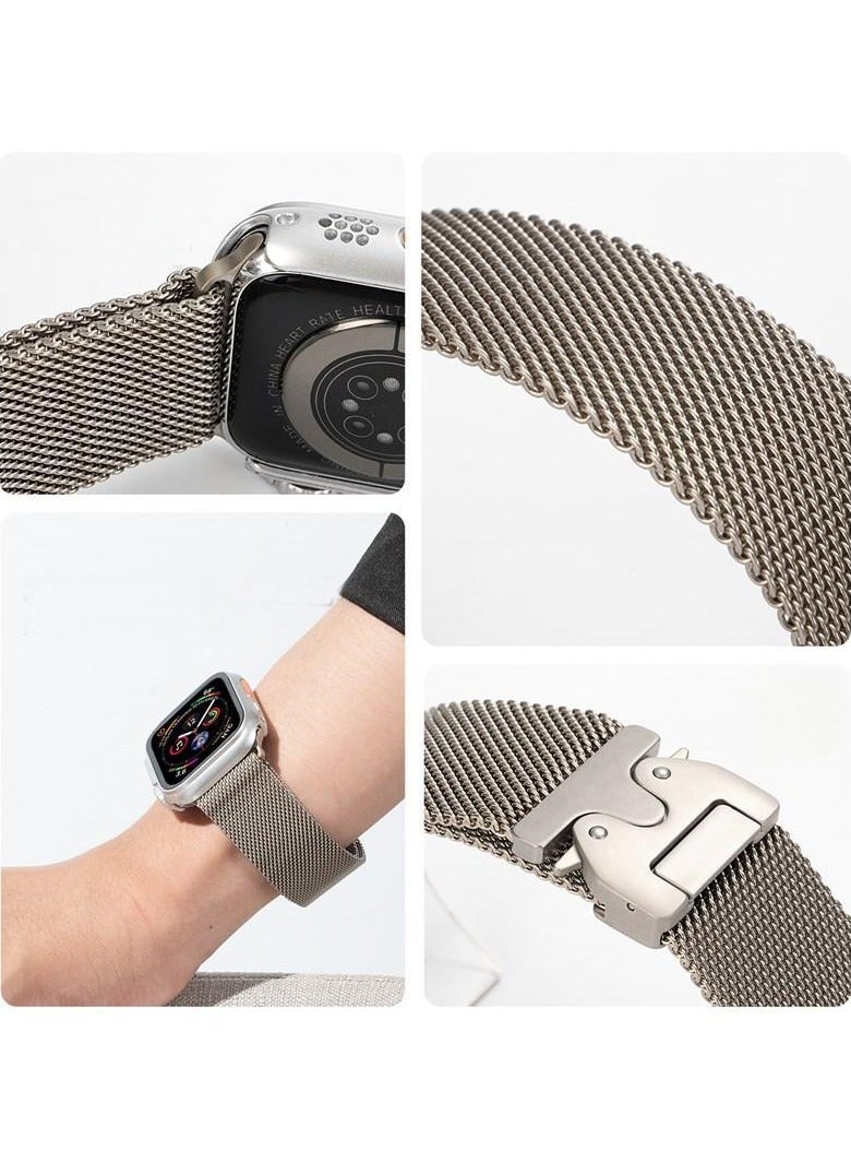 سوار معدني شبكي من الفولاذ المقاوم للصدأ لساعة أبل الترا 2 (49مم/45مم/44مم) وسلسلة 10/9/8/7/6/SE - إبزيم معدني بتصميم مظلي من التيتانيوم - Image 5