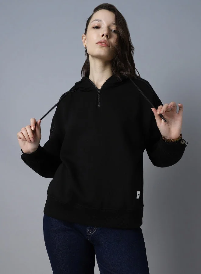 Women's Black Cotton Blend Solid Pattern Regular Fit Sweatshirt
