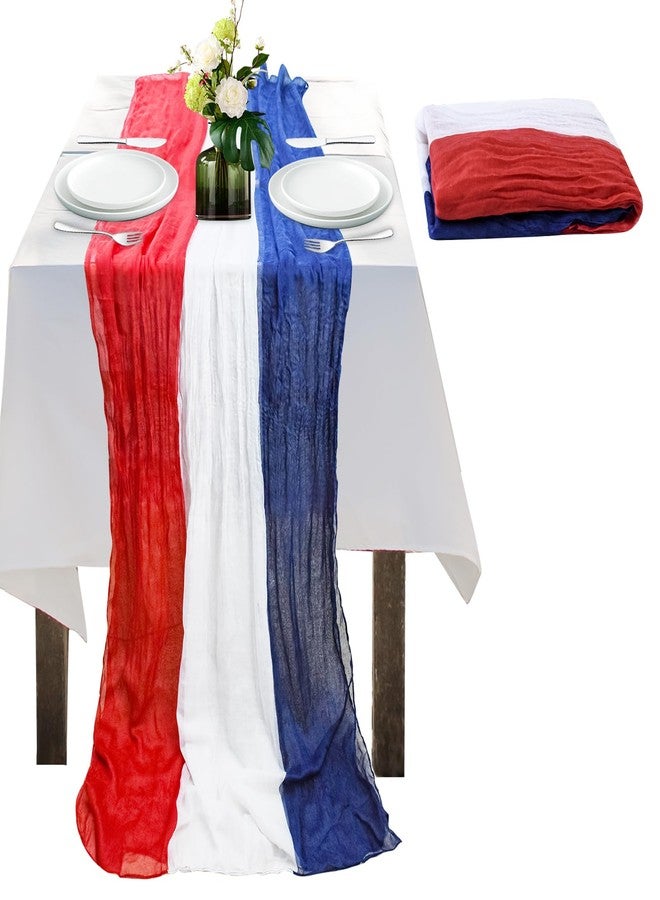 Jeyeou 4th of July Cheesecloth Table Runner, Vintage Red White and Blue Table Runner for Memorial Day Labor Day Independence Day Veterans Day Patriotic Party Decoration for Dining Room Indoor Outdoor 118Inch - Image 1