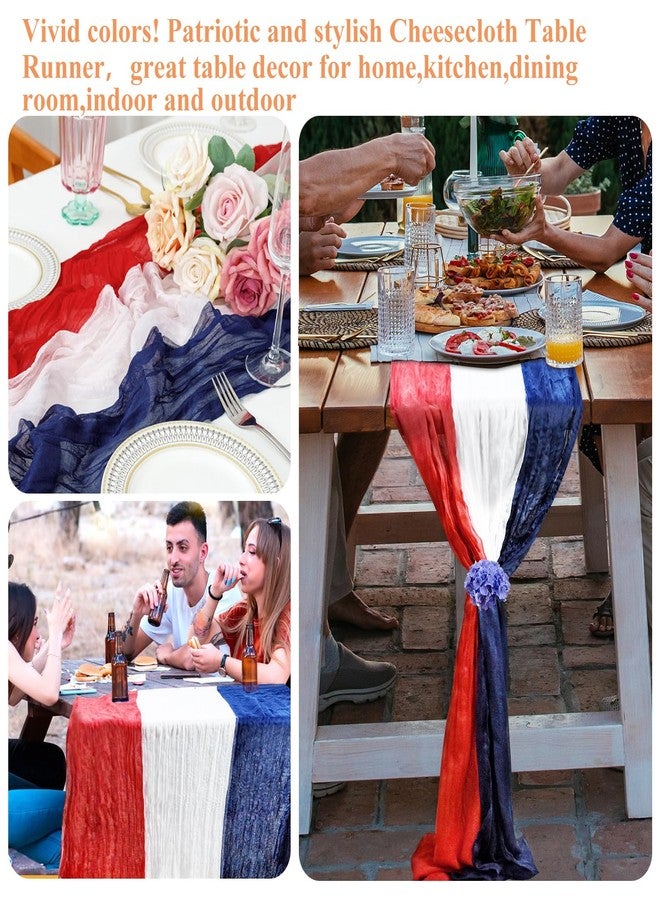 Jeyeou 4th of July Cheesecloth Table Runner, Vintage Red White and Blue Table Runner for Memorial Day Labor Day Independence Day Veterans Day Patriotic Party Decoration for Dining Room Indoor Outdoor 118Inch - Image 4