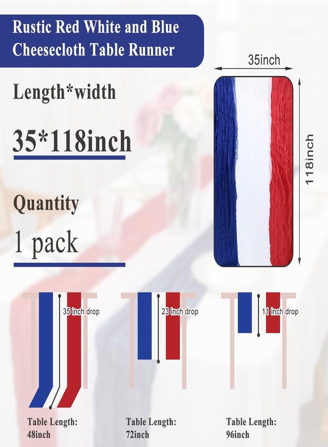 Jeyeou 4th of July Cheesecloth Table Runner, Vintage Red White and Blue Table Runner for Memorial Day Labor Day Independence Day Veterans Day Patriotic Party Decoration for Dining Room Indoor Outdoor 118Inch - Image 3