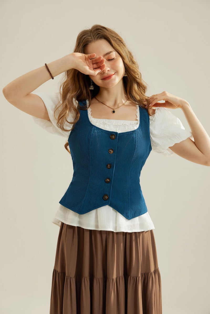 Scarlet Darkness Women's Renaissance Vest Victorian Steampunk Waistcoat Vintage Corduroy Vest Tops Brown 3XL - Image 5