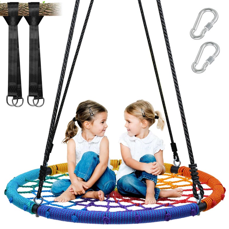 Trekassy 750lbs 40" Spider Web Saucer Tree Swing for Kids Adults, Outdoor Net Swing with Steel Frame and 2 Hanging Straps-Rainbow (Patented) - Image 1
