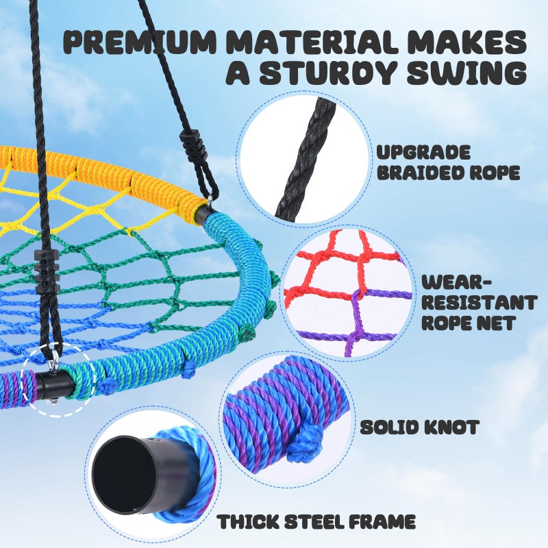 Trekassy 750lbs 40" Spider Web Saucer Tree Swing for Kids Adults, Outdoor Net Swing with Steel Frame and 2 Hanging Straps-Rainbow (Patented) - Image 4