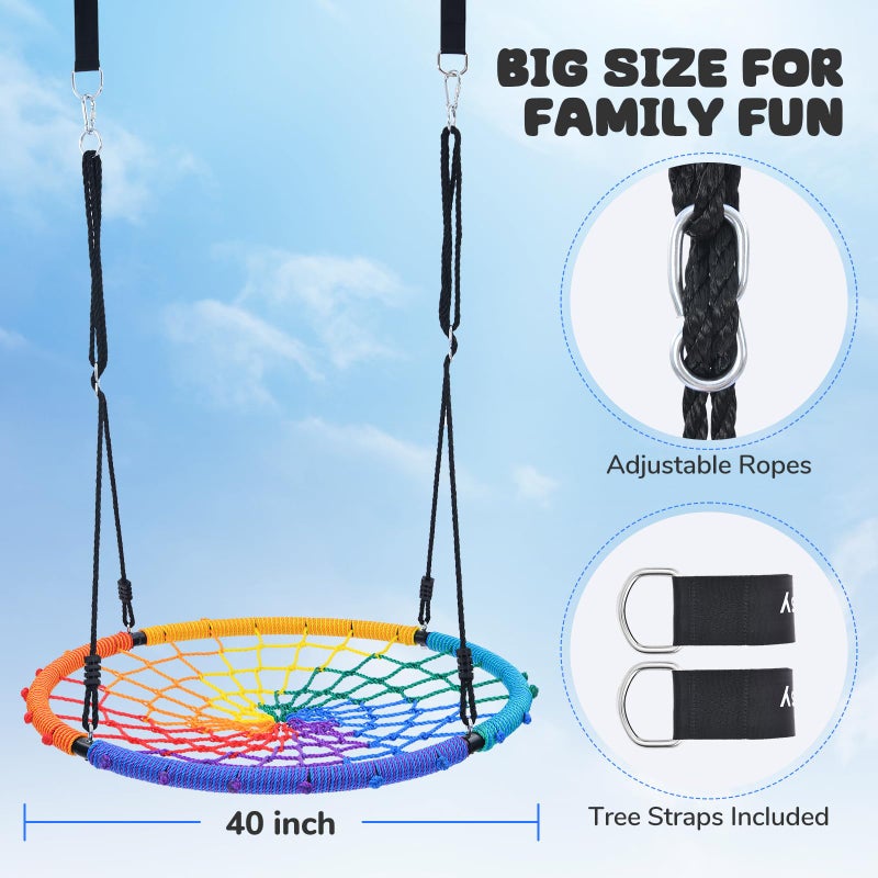 Trekassy 750lbs 40" Spider Web Saucer Tree Swing for Kids Adults, Outdoor Net Swing with Steel Frame and 2 Hanging Straps-Rainbow (Patented) - Image 3