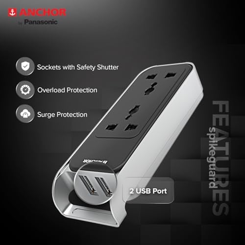 Anchor by Panasonic 6A 2 Universal Socket with 2 USB Port | 6A Extension Board with 2.4A 2 USB Port | Multi Plug Socket for Home Wall, Office (22052) - Image 4