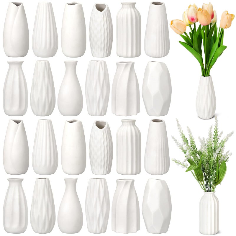 Yaomiao Set of 24 5'' White Ceramic Bud Vase Bulk Boho Rustic Small Flower Vase for Centerpieces for Wedding Home Dining Table Decoration DIY Gift, 12 Styles - Image 1
