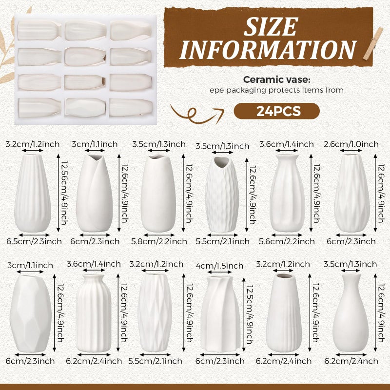 Yaomiao Set of 24 5'' White Ceramic Bud Vase Bulk Boho Rustic Small Flower Vase for Centerpieces for Wedding Home Dining Table Decoration DIY Gift, 12 Styles - Image 2
