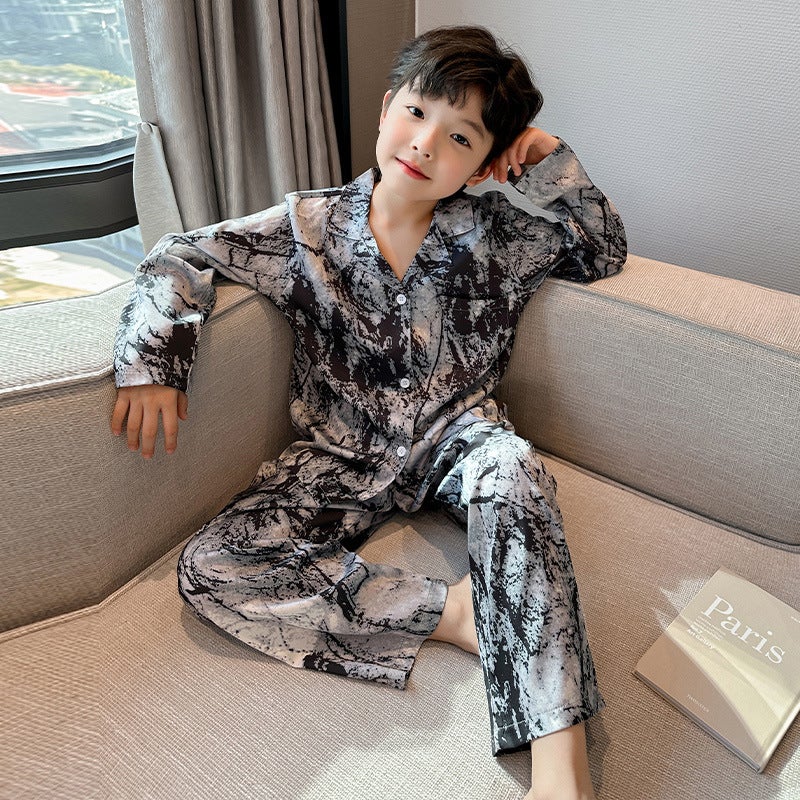 Boys Pajamas suit Spring and Summer 2025 New Ice Silk Long Sleeve Home Clothes for Large Children and Boys Thin Air-conditioning Clothes 414 splash ink painting 