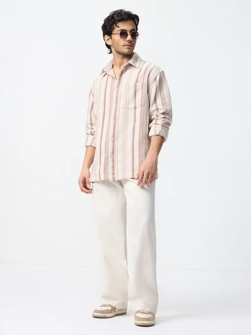 The Souled Store  The Souled Store: Gold Dust Men and Boys Long Sleeve Spread Collar Cream Striped Cotton Relaxed Shirt  | Best Price UAE