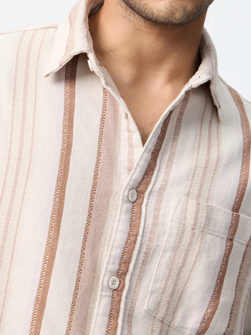 The Souled Store  The Souled Store: Gold Dust Men and Boys Long Sleeve Spread Collar Cream Striped Cotton Relaxed Shirt  | Best Price UAE