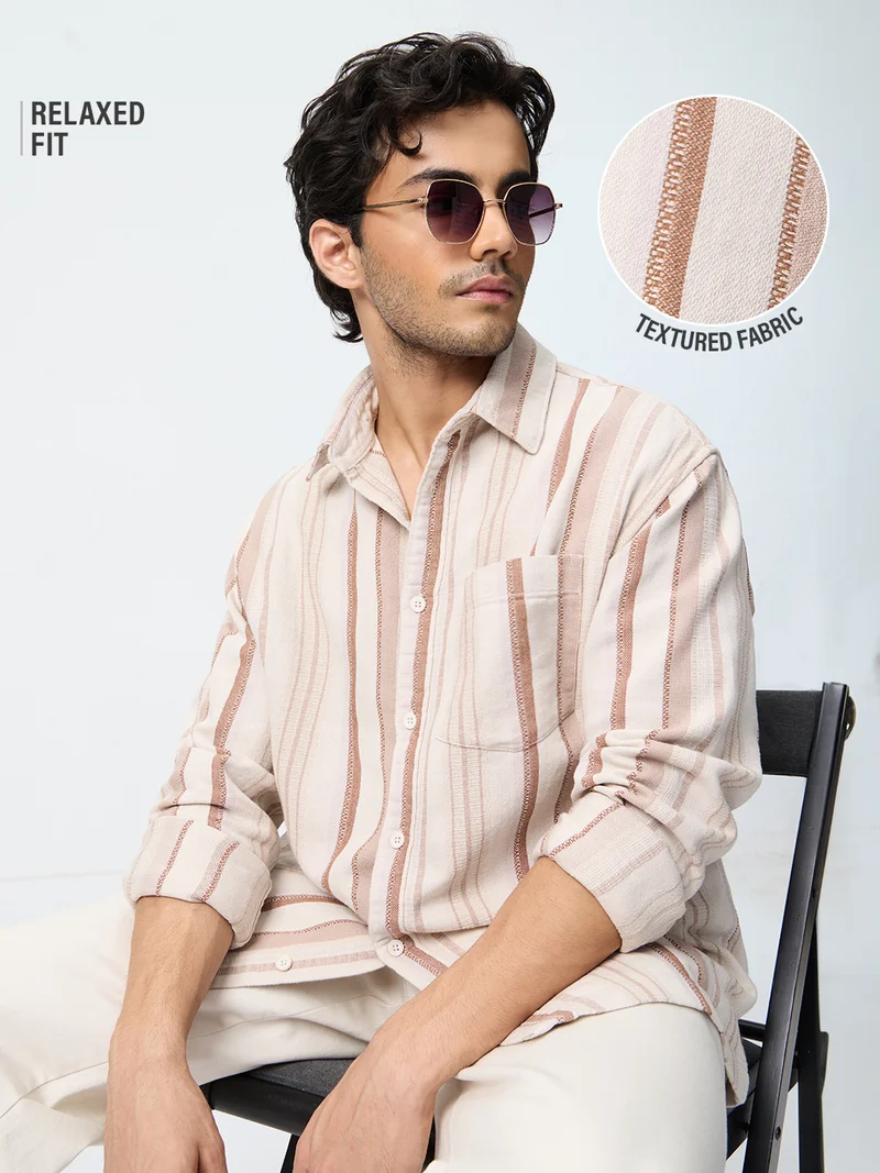 The Souled Store: Gold Dust Men and Boys Long Sleeve Spread Collar Cream Striped Cotton Relaxed Shirt