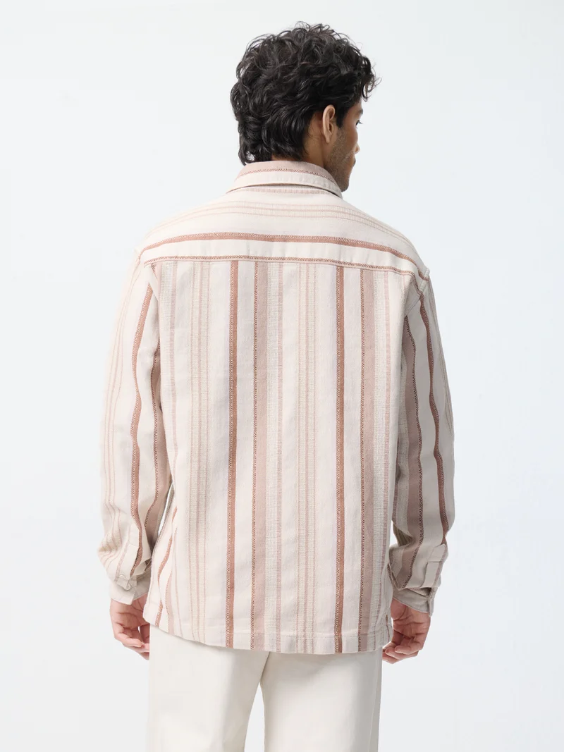 The Souled Store  The Souled Store: Gold Dust Men and Boys Long Sleeve Spread Collar Cream Striped Cotton Relaxed Shirt  | Best Price UAE