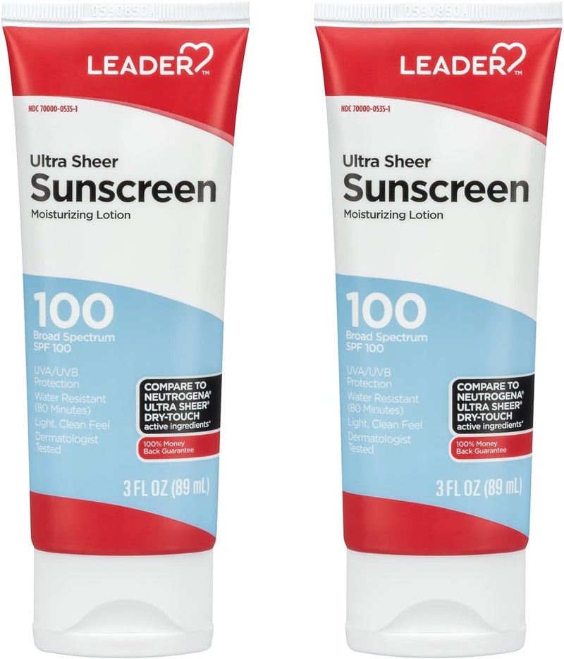 واقي شمس LEADER للسفر SPF 100+، لوشن مقاوم للماء وغير دهني بلمسة جافة فائقة مع حماية واسعة النطاق SPF 100+، 3 أونصة سائلة (عبوتان)
