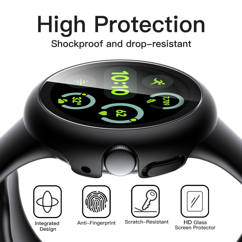 JETech Case with Screen Protector for Google Pixel Watch 3/2/1 41mm, Built-in 9H Tempered Glass Film Hard PC Bumper Full Coverage Protective Cover, 2-Pack (Black/Black) - Image 5