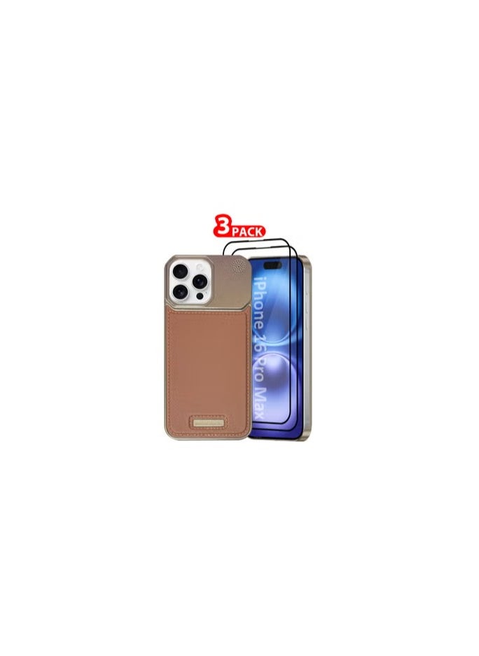 CATANES iPhone 16 Pro Max 3 Pack Case Leather Metal Design, Slim Lightweight Minimalist Cover,1 Case 2 Screen Protectors  - Image 1
