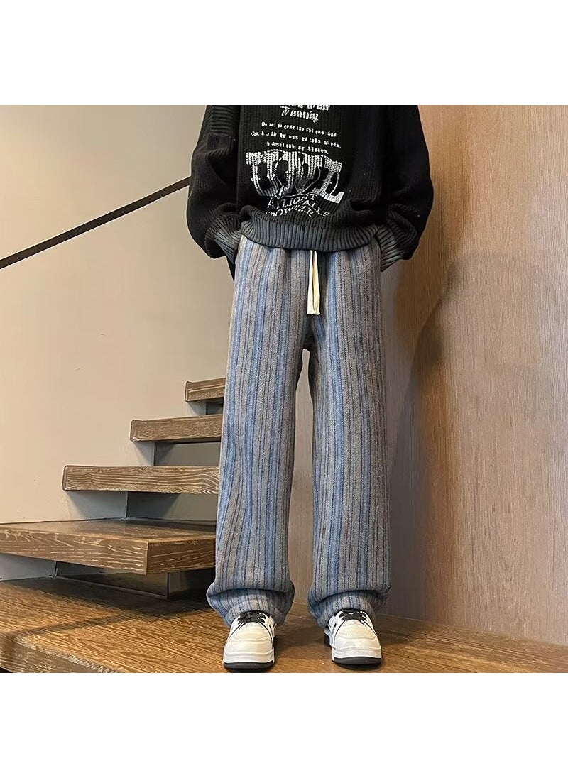 Generic - Retro Striped Wool Trousers Mens Wide-Leg Denim Blue - Image 1
