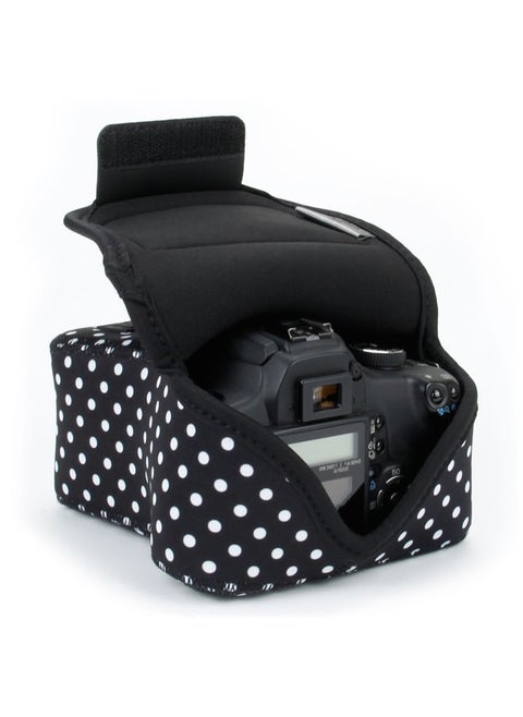 USA GEAR DSLR Camera Sleeve with Neoprene Protection, Holster Belt Loop and Accessory Storage - Compatible with Canon EOS Rebel T7, 850D, 250D, SL3, R7, Nikon D3500, D5600, and More (Polka Dot)
