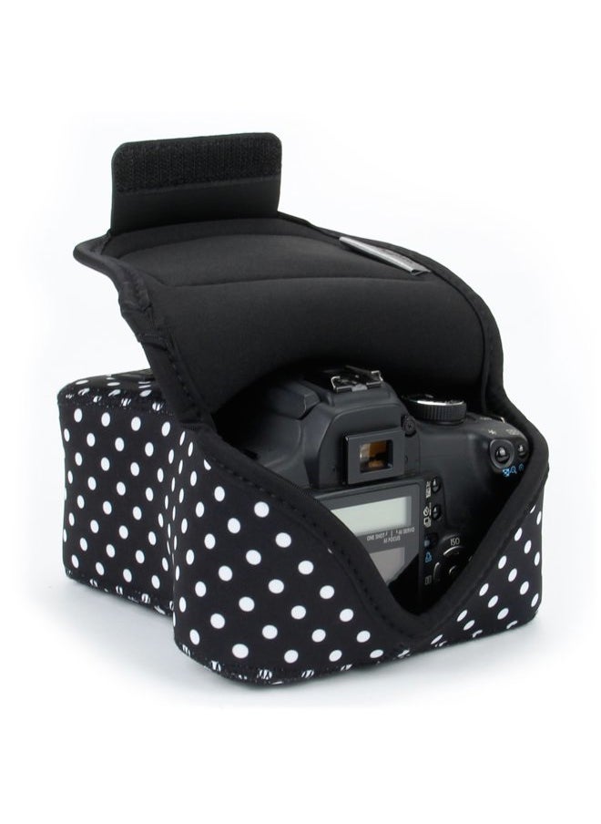 USA Gear USA GEAR DSLR Camera Sleeve with Neoprene Protection, Holster Belt Loop and Accessory Storage - Compatible with Canon EOS Rebel T7, 850D, 250D, SL3, R7, Nikon D3500, D5600, and More (Polka Dot)  - Image 1
