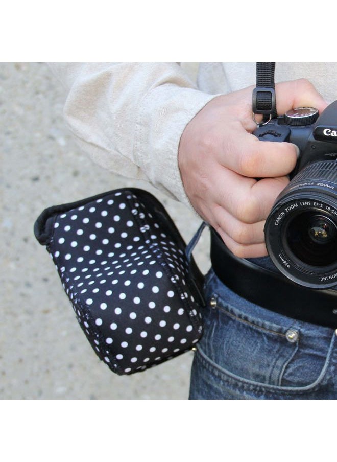 USA Gear USA GEAR DSLR Camera Sleeve with Neoprene Protection, Holster Belt Loop and Accessory Storage - Compatible with Canon EOS Rebel T7, 850D, 250D, SL3, R7, Nikon D3500, D5600, and More (Polka Dot)  - Image 5