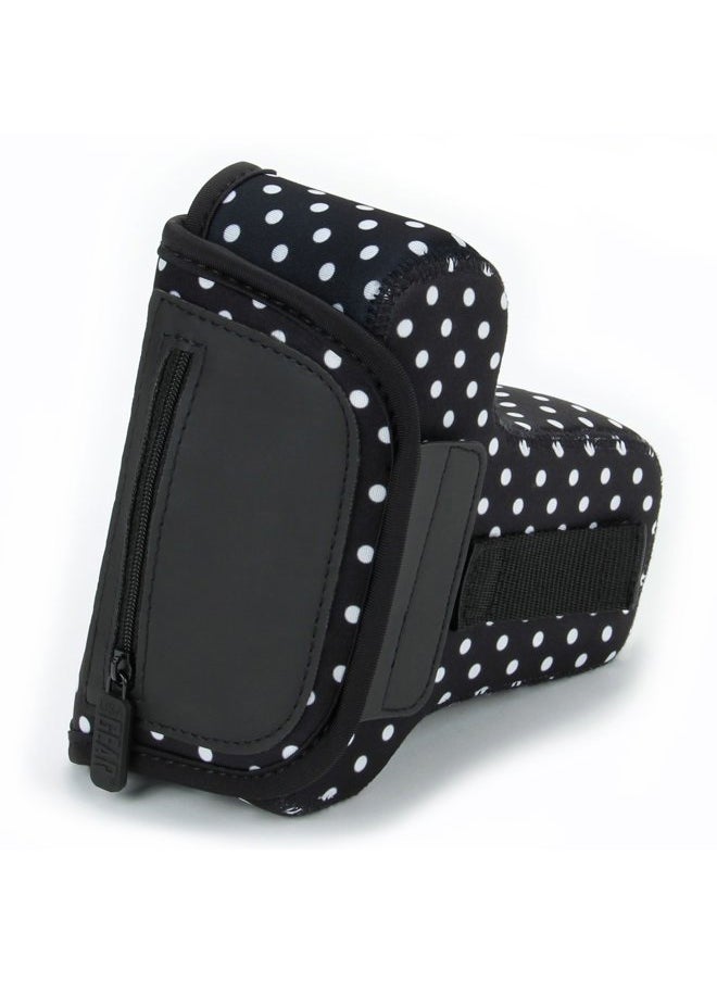 USA GEAR DSLR Camera Sleeve with Neoprene Protection, Holster Belt Loop and Accessory Storage - Compatible with Canon EOS Rebel T7, 850D, 250D, SL3, R7, Nikon D3500, D5600, and More (Polka Dot)