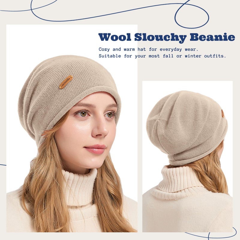 ACUSHLA 100% Merino Wool Slouchy Beanie for Women & Men Knit Winter Hat Unisex Warm Skull Cap for Cold Weather, Light Beige - Image 2