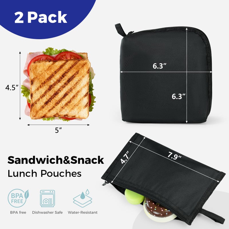 Moyad Reusable Sandwich Snack Bags, 2 Pack Zipper Lunch Pouches, Dishwasher Safe & BPA Free, Compact Food Storage for Work, Travel, Picnic, Black - Image 3