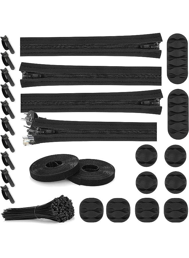 PROMASS 126 PCS Cord Wire Management Organizer Kit Set, With Zipper Cable Sleeve, Cable Clip Holder, Self Adhesive tie, Fastening Cable Ties for TV Office Home Electronics Factory Store etc - Image 1