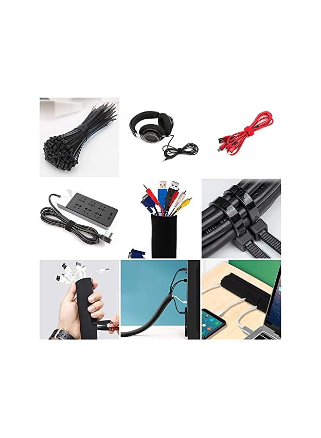 PROMASS 126 PCS Cord Wire Management Organizer Kit Set, With Zipper Cable Sleeve, Cable Clip Holder, Self Adhesive tie, Fastening Cable Ties for TV Office Home Electronics Factory Store etc - Image 4