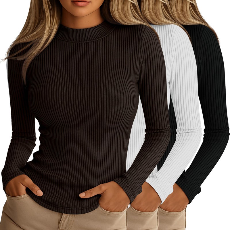 Riyiper 3 Pack Womens Ribbed Shirts Mock Turtleneck Long Sleeve Tops Slim Fitted Undershirts Casual Basic Layering TeesBlack White Dark BrownSmall - Image 2