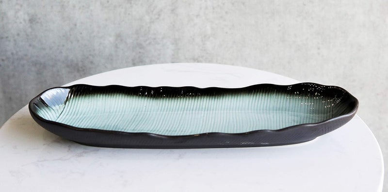 Ebros Gift Porcelain Serveware And Drinkware Artistic Ocean Zen Aquamarine Black Gradient Textured Restaurant Supply Pack Of 5 Long Dinner Entree Wavy Oval Concave Platter Plate 1325L - Image 1