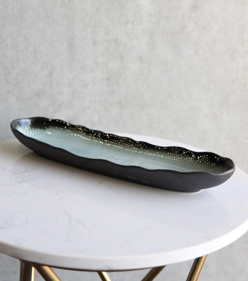 Ebros Gift Porcelain Serveware And Drinkware Artistic Ocean Zen Aquamarine Black Gradient Textured Restaurant Supply Pack Of 5 Long Dinner Entree Wavy Oval Concave Platter Plate 1325L - Image 2